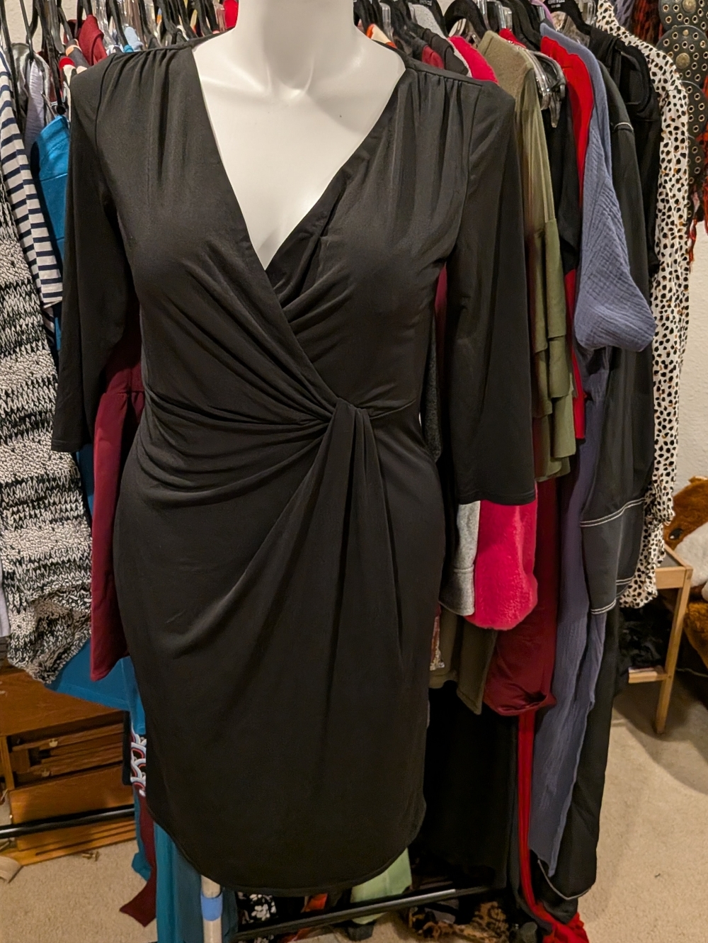 Coldwater Creek Black Faux-Wrap Midi Dress - 12